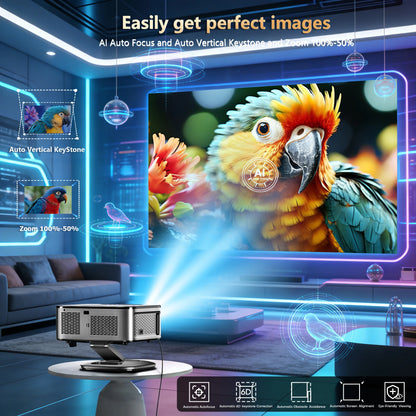 Projector displaying a colorful parrot on a screen with text about image quality features.