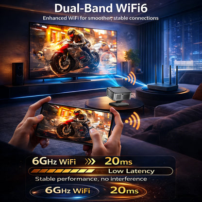 Living room setup with TV, smartphone, and router highlighting Dual-Band WiFi6 technology.