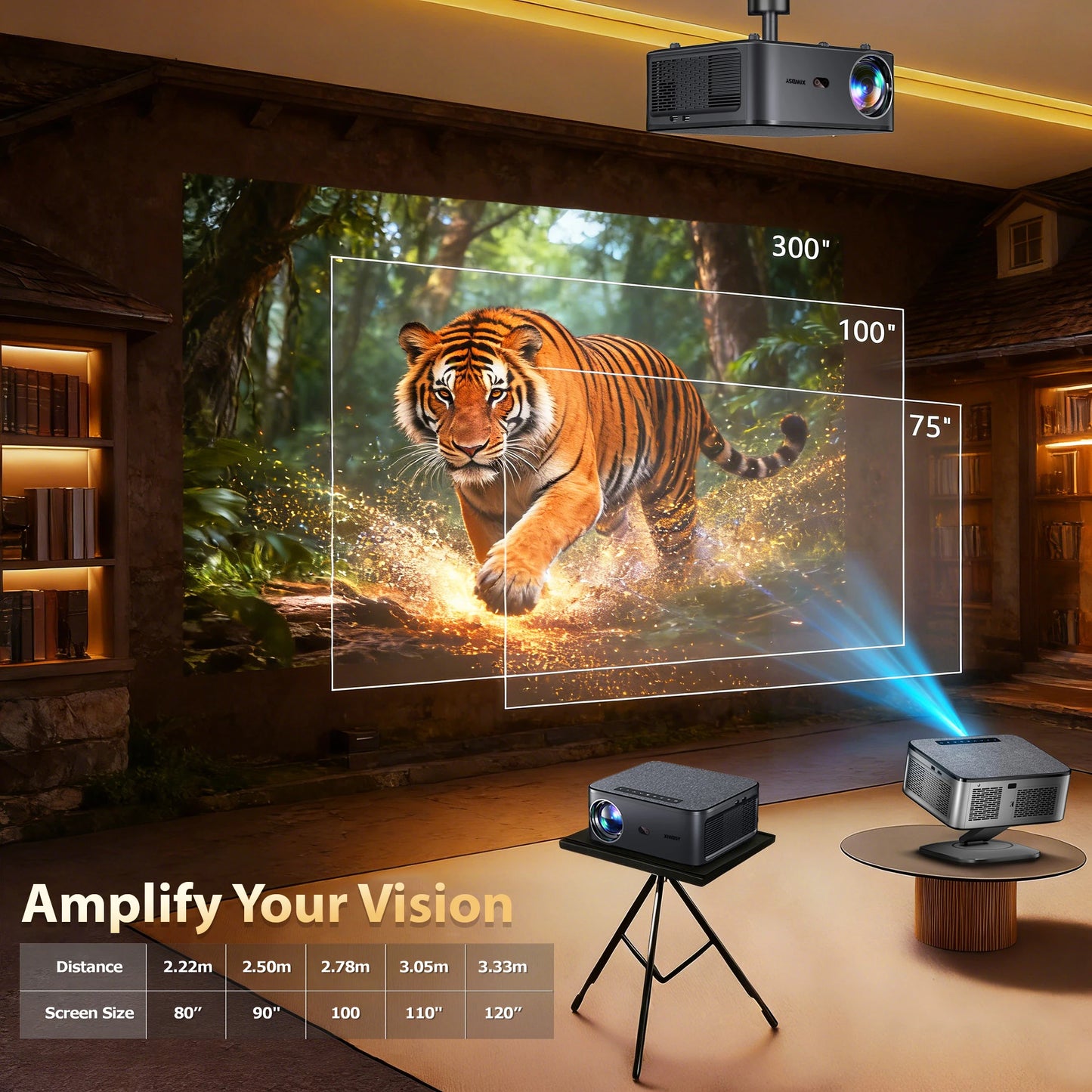 Projector displaying a tiger on a screen with measurement details in a room setting.