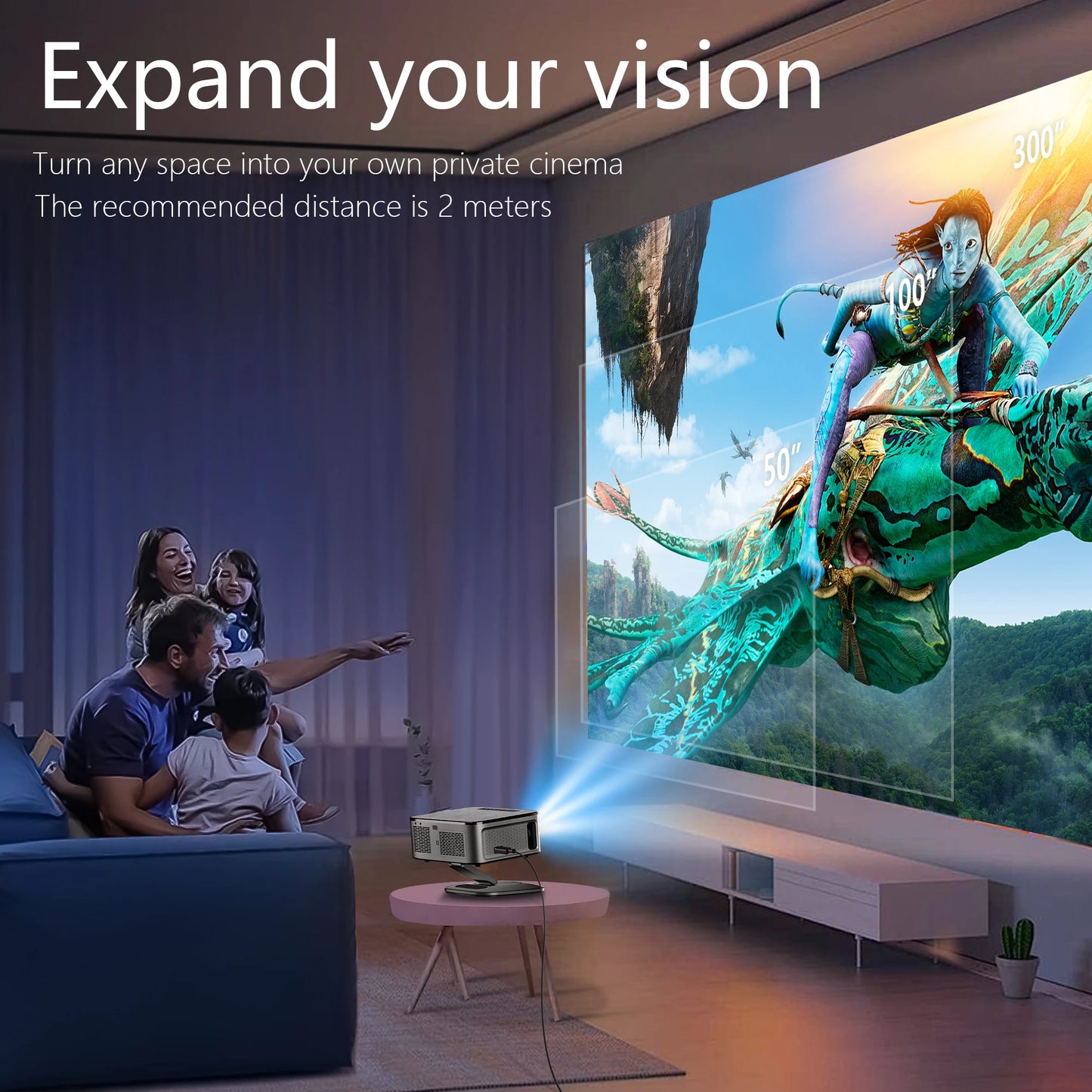 Family watching a dragon movie on a large screen in a living room with a projector.
