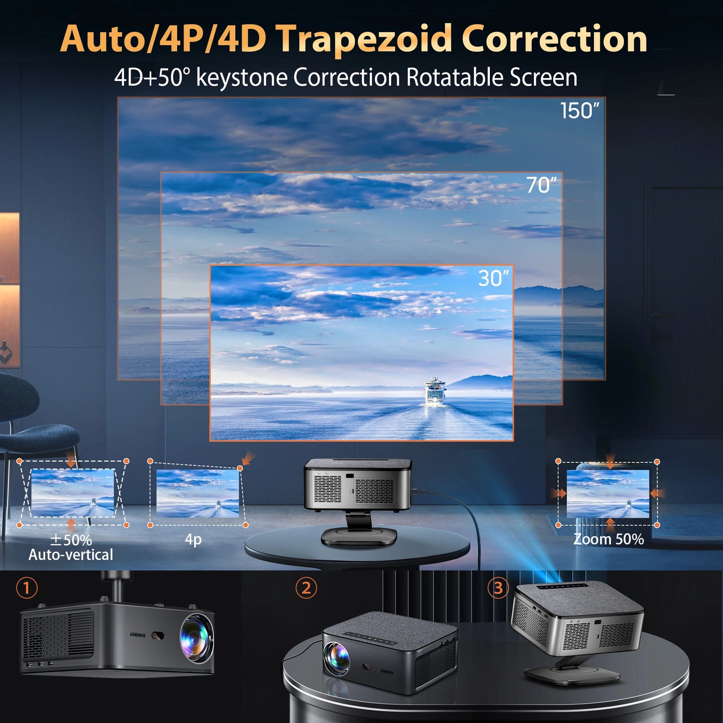 Projector with trapezoid correction features displayed on a screen in a room setting.