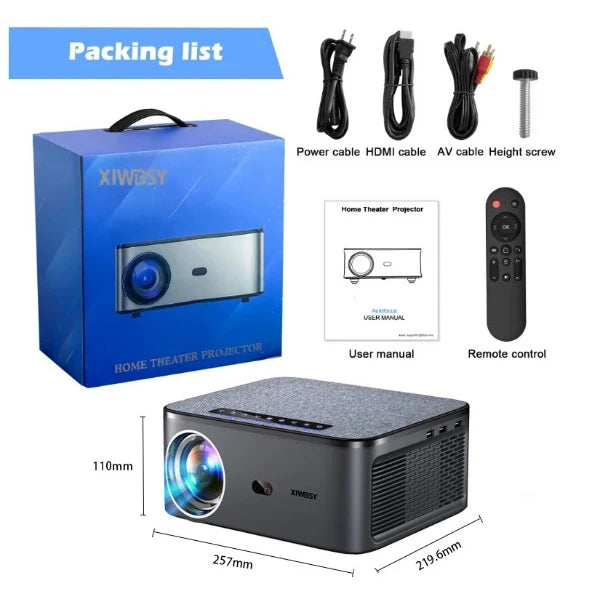 XIWOSY home theater projector with packaging, cables, remote control, and user manual on a white background.