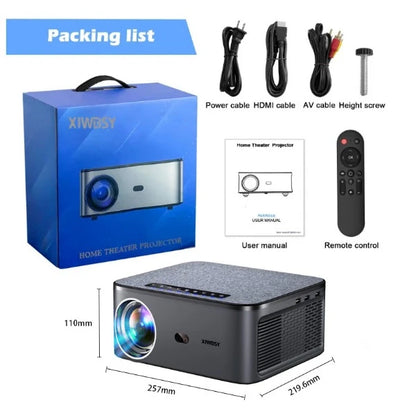 XIWOSY home theater projector with packaging, cables, remote control, and user manual on a white background.