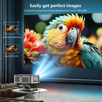 Projector displaying a colorful parrot on a screen with text about AI auto focus and zoom.