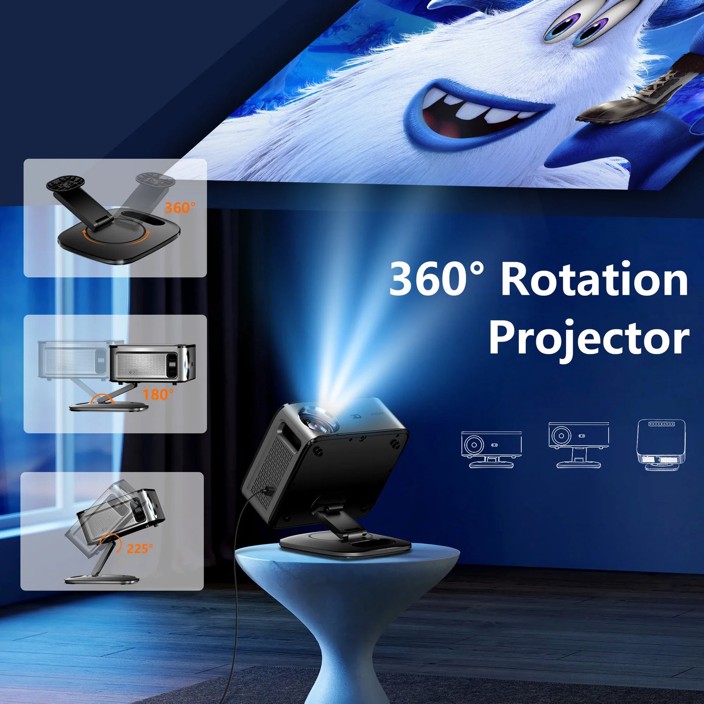360° Rotation Projector with screen projection on a blue background