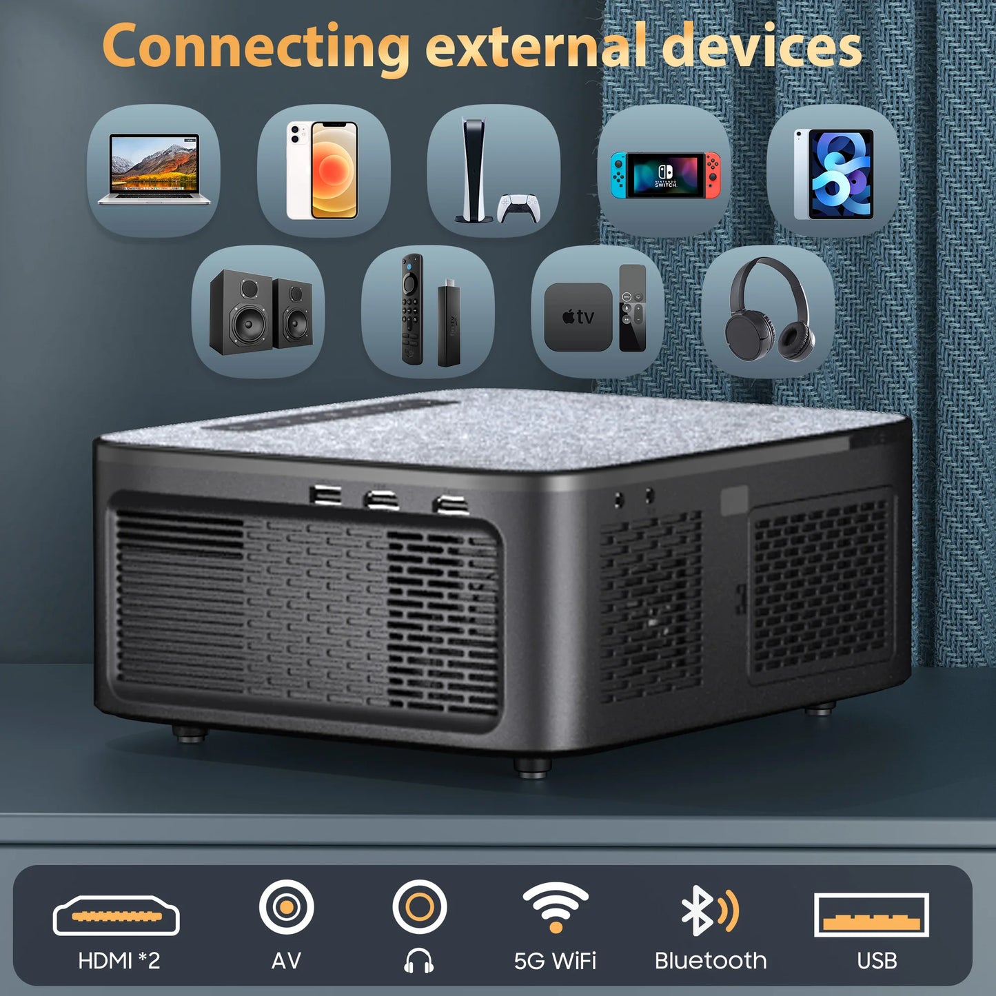 Projector with connectivity options on a dark background