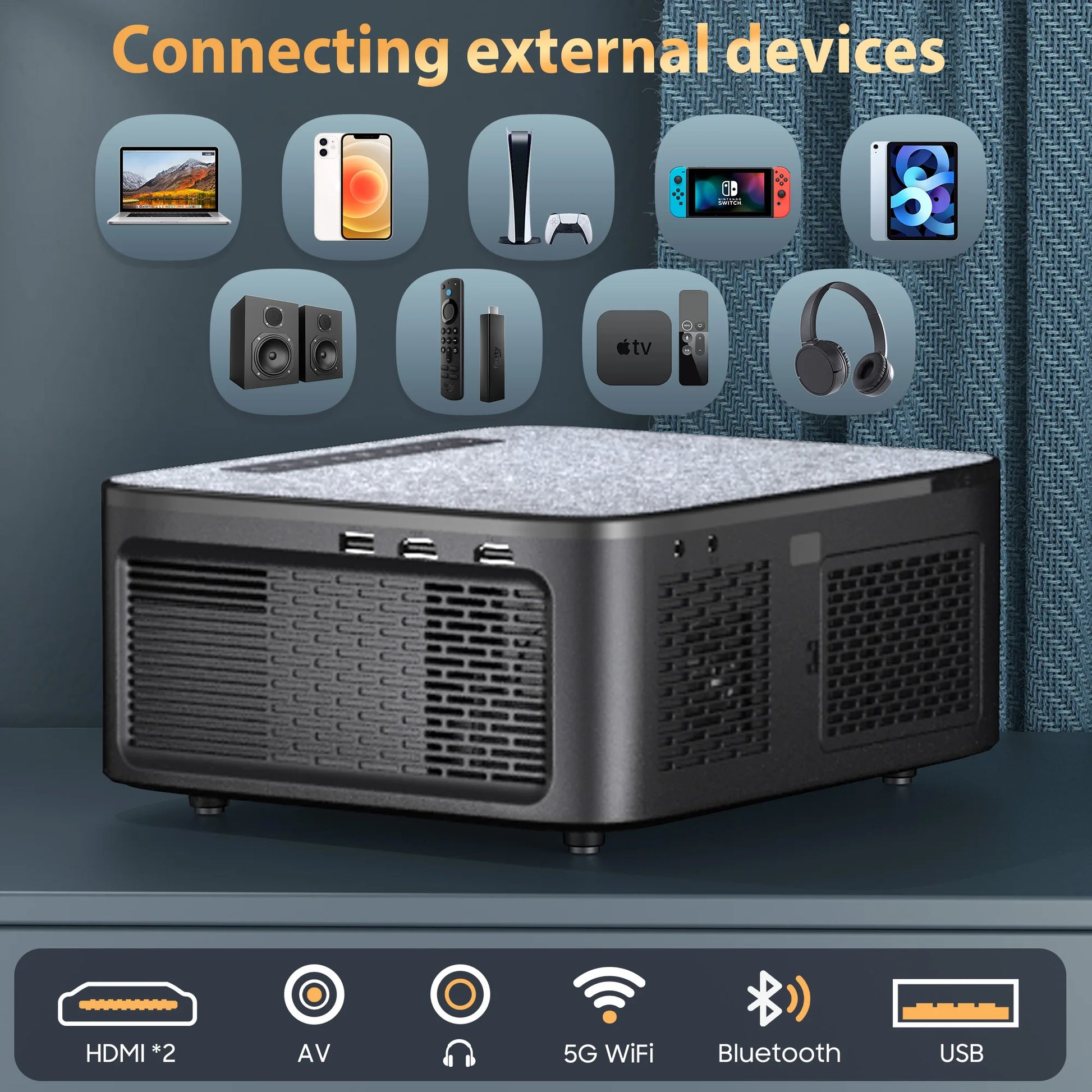 Projector with connectivity options on a dark background