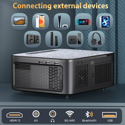 Projector with connectivity options on a dark background