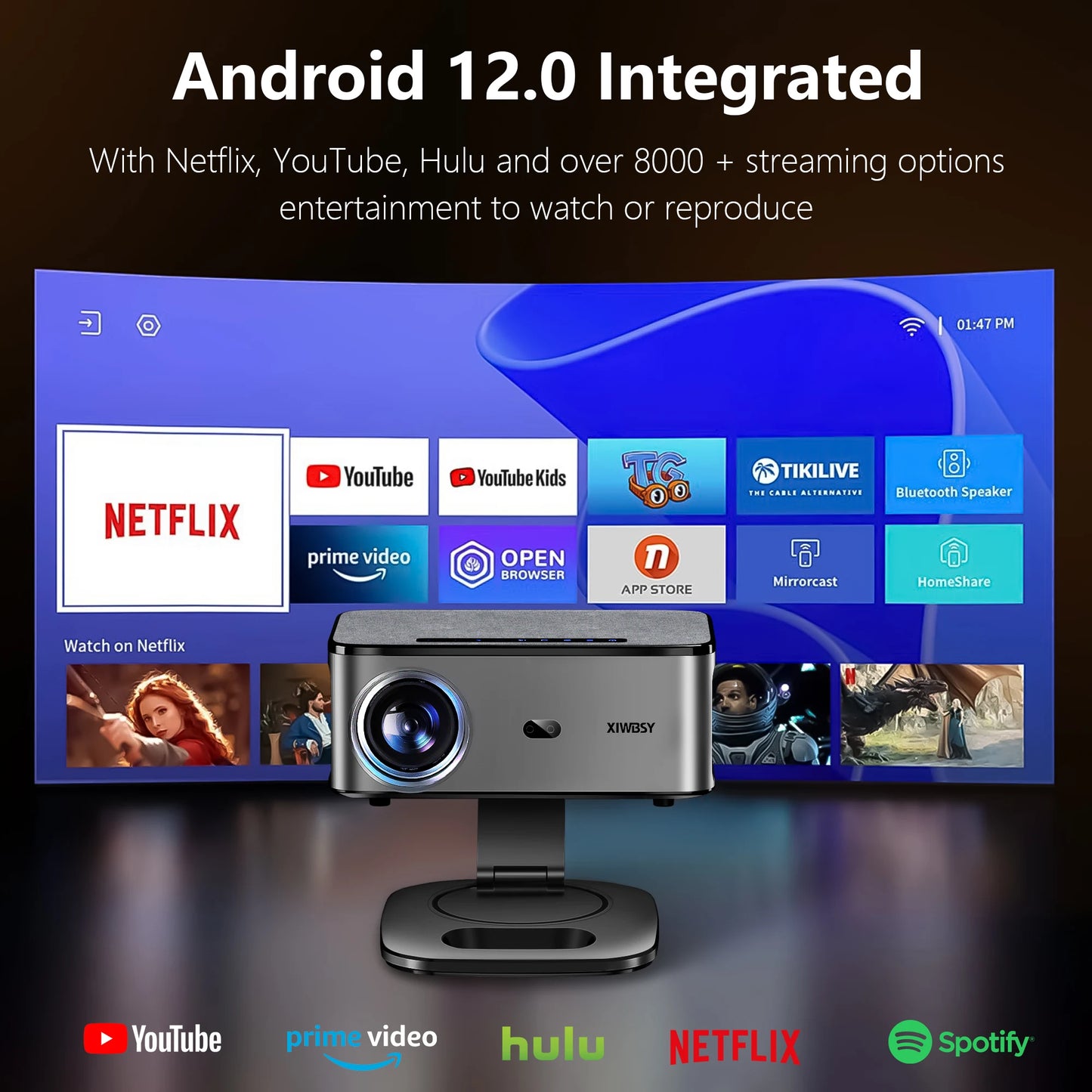 Smart TV with streaming apps and a projector in front, displaying Android 12.0 integration.