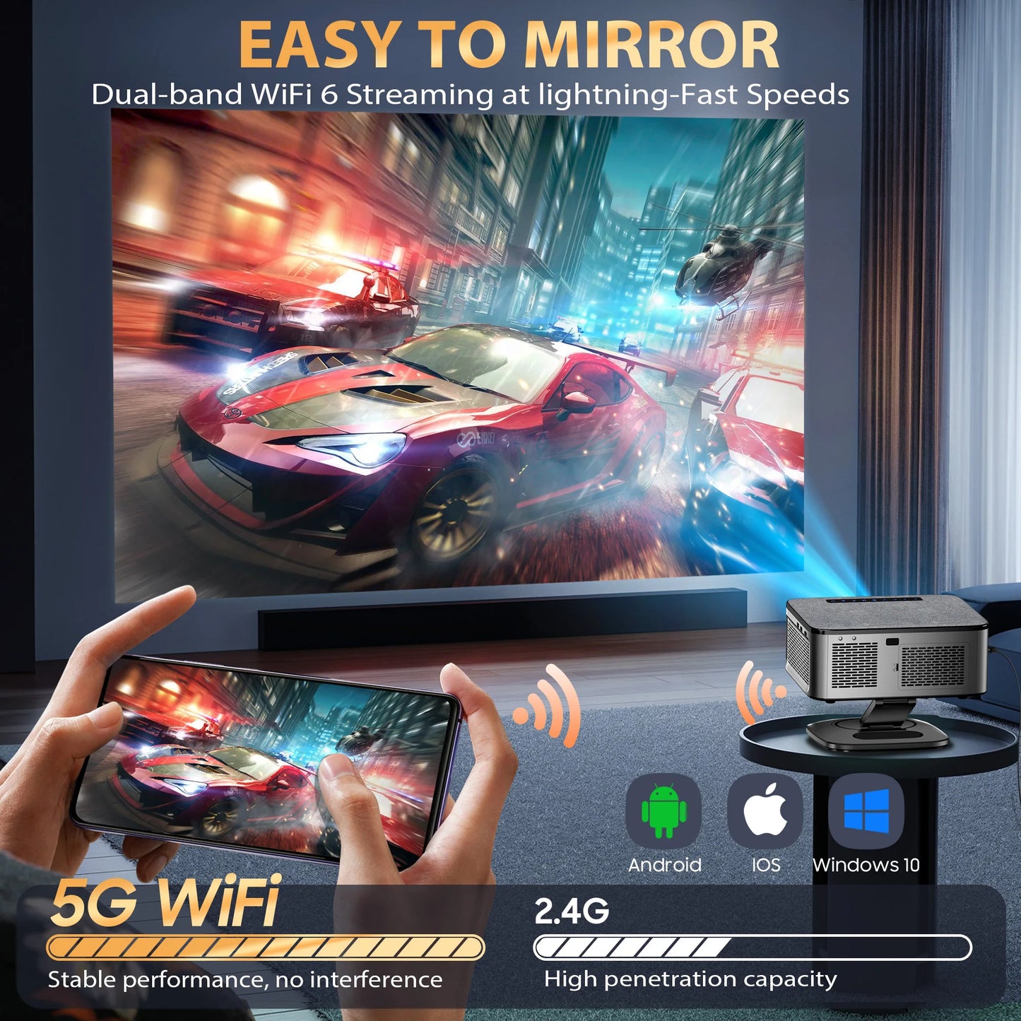 Projector displaying a racing game with smartphone control, emphasizing dual-band WiFi 6 streaming.