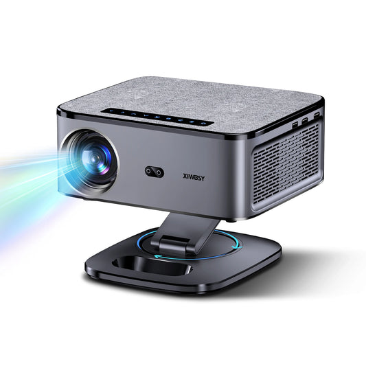 Small projector with a stand on a white background