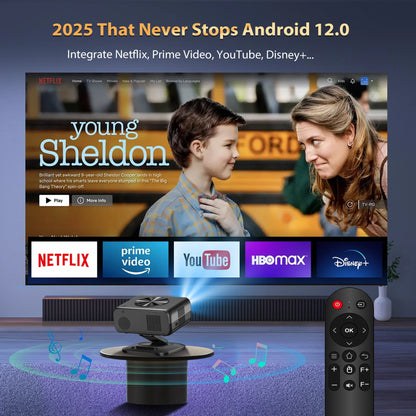 Smart TV with streaming services on screen, connected to a projector and remote control.