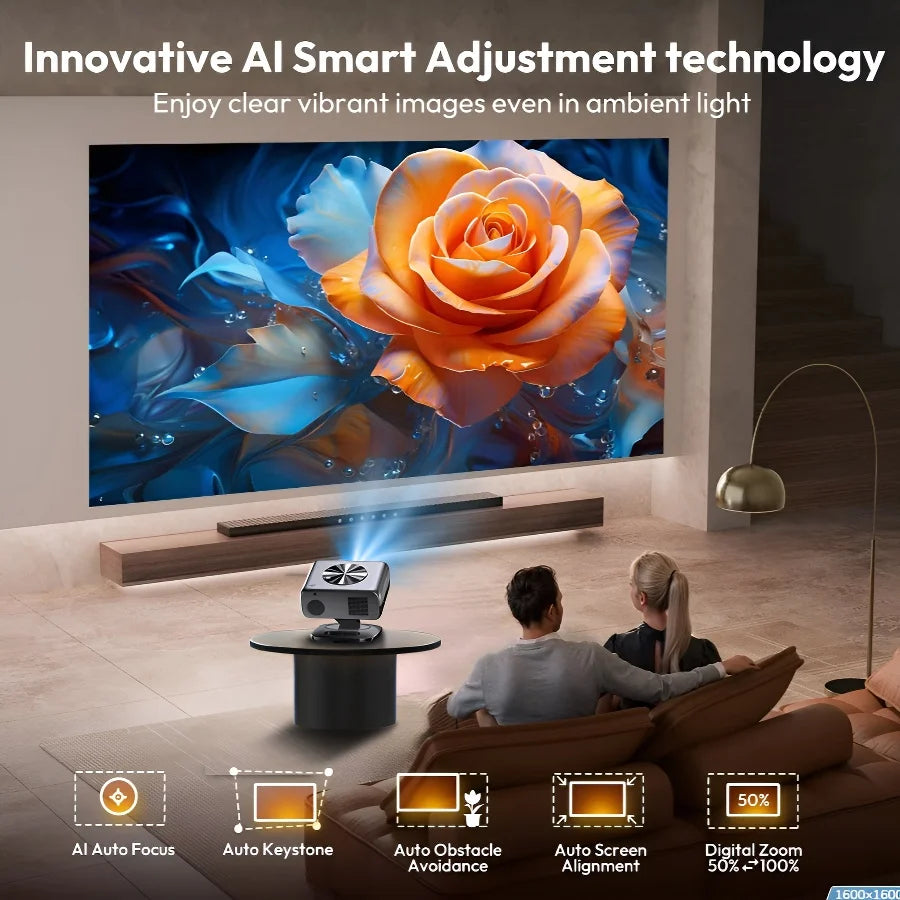 Projector displaying a vibrant rose on a screen with text about AI smart adjustment technology.