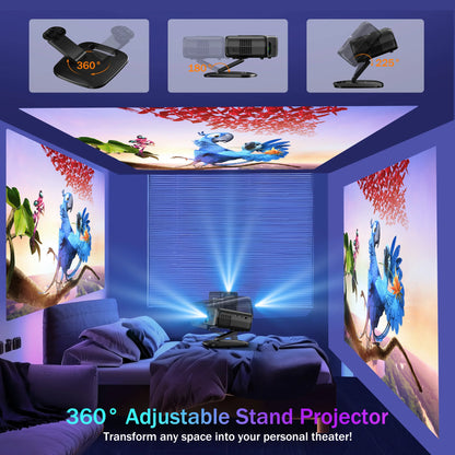 Projector in a room with animated projections on the walls and ceiling.