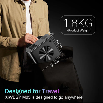 Person holding a compact device with product details on a black background
