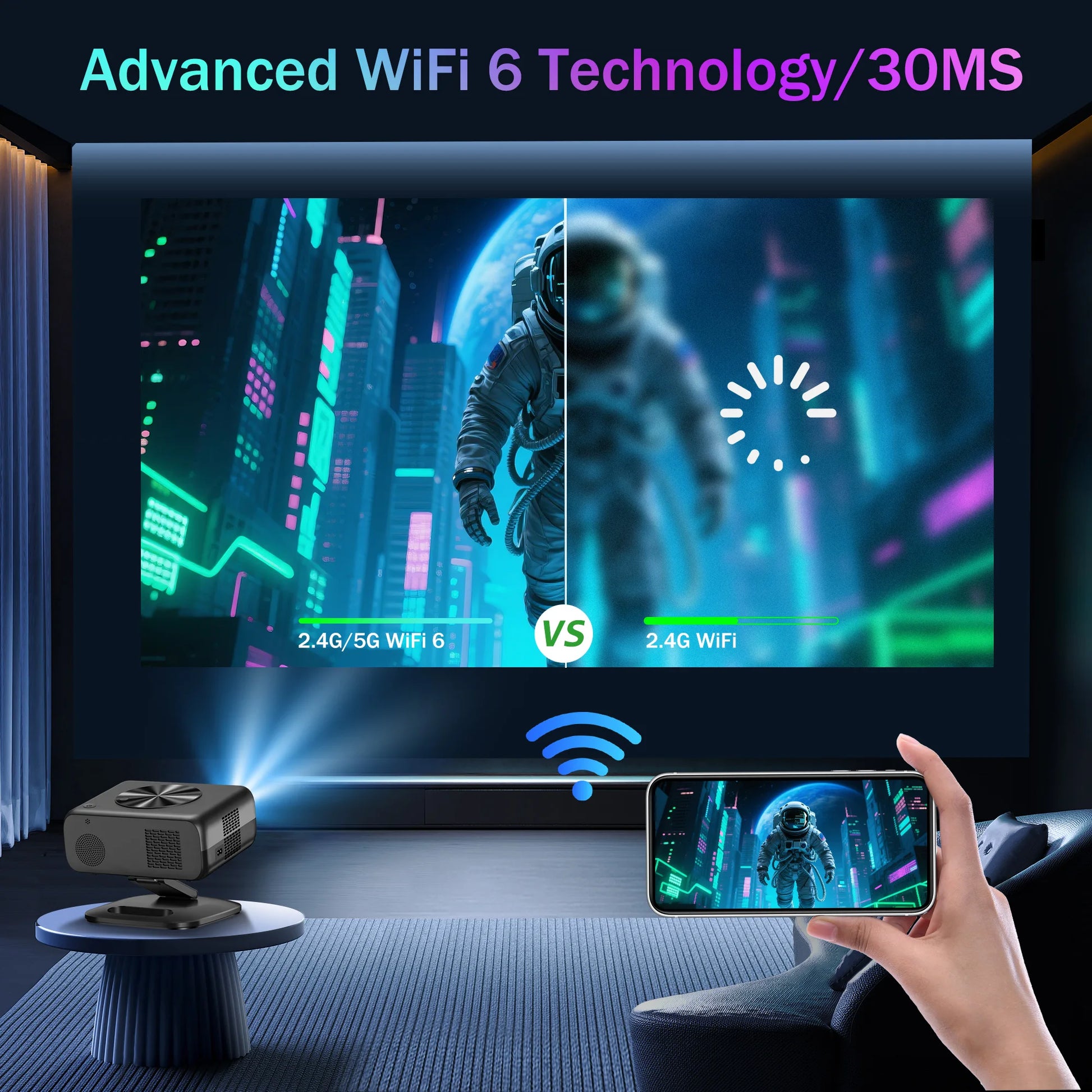Smartphone displaying a futuristic cityscape with a projector and screen in the background, highlighting advanced WiFi 6 technology.