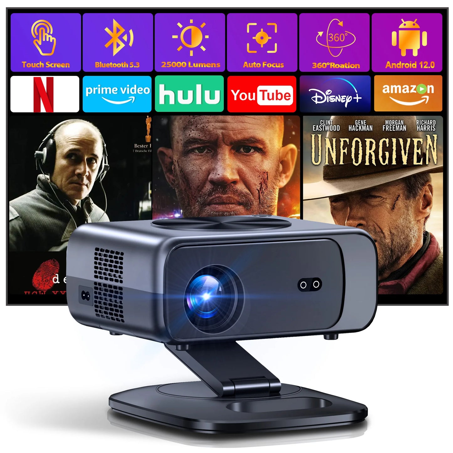Projector with screen displaying movie posters and app icons