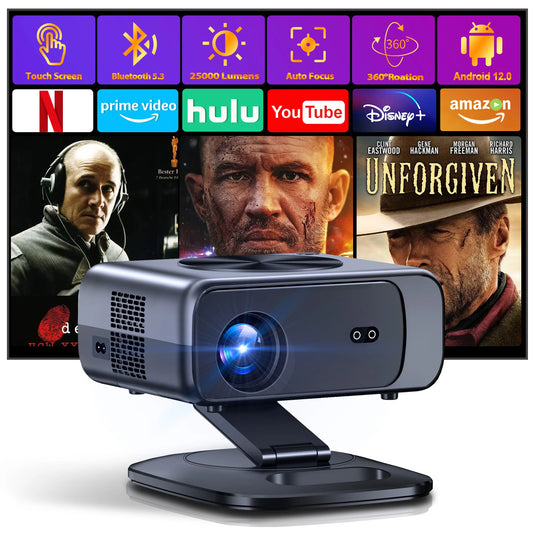 Projector with screen displaying movie posters and app icons