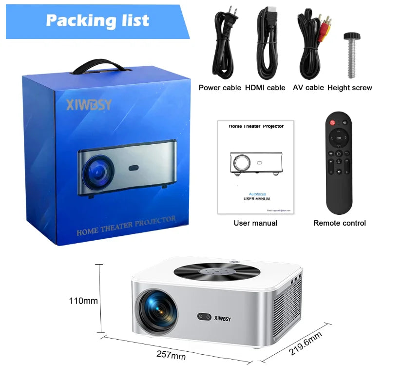 Packaging list of a home theater projector with components and dimensions displayed.