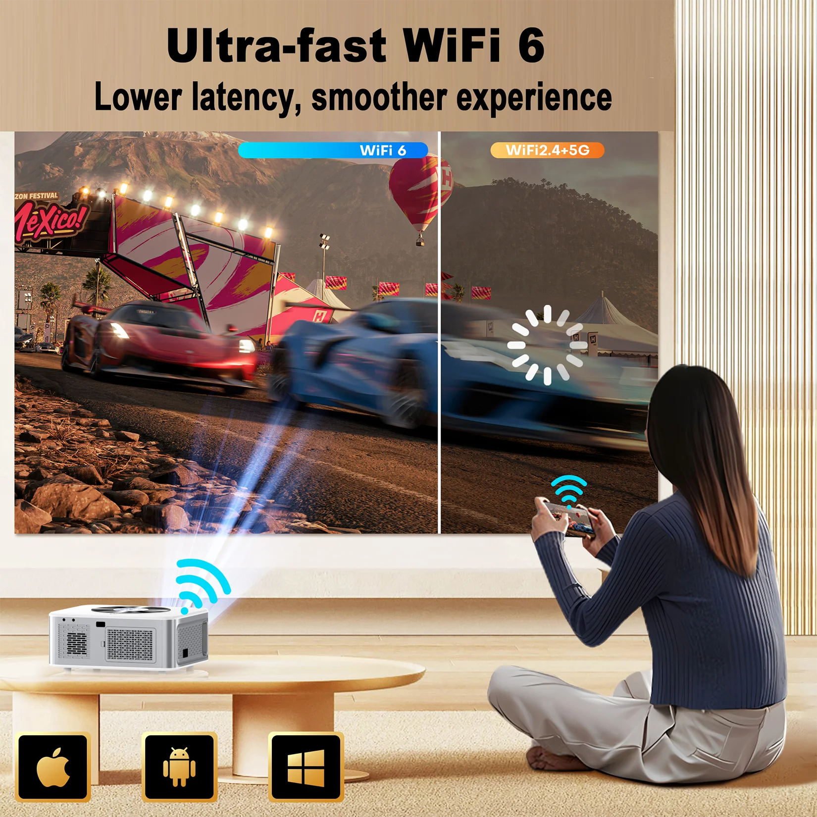 Woman using a smartphone with ultra-fast WiFi 6 technology displayed on a screen.