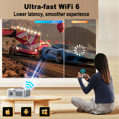 Woman using a smartphone with ultra-fast WiFi 6 technology displayed on a screen.
