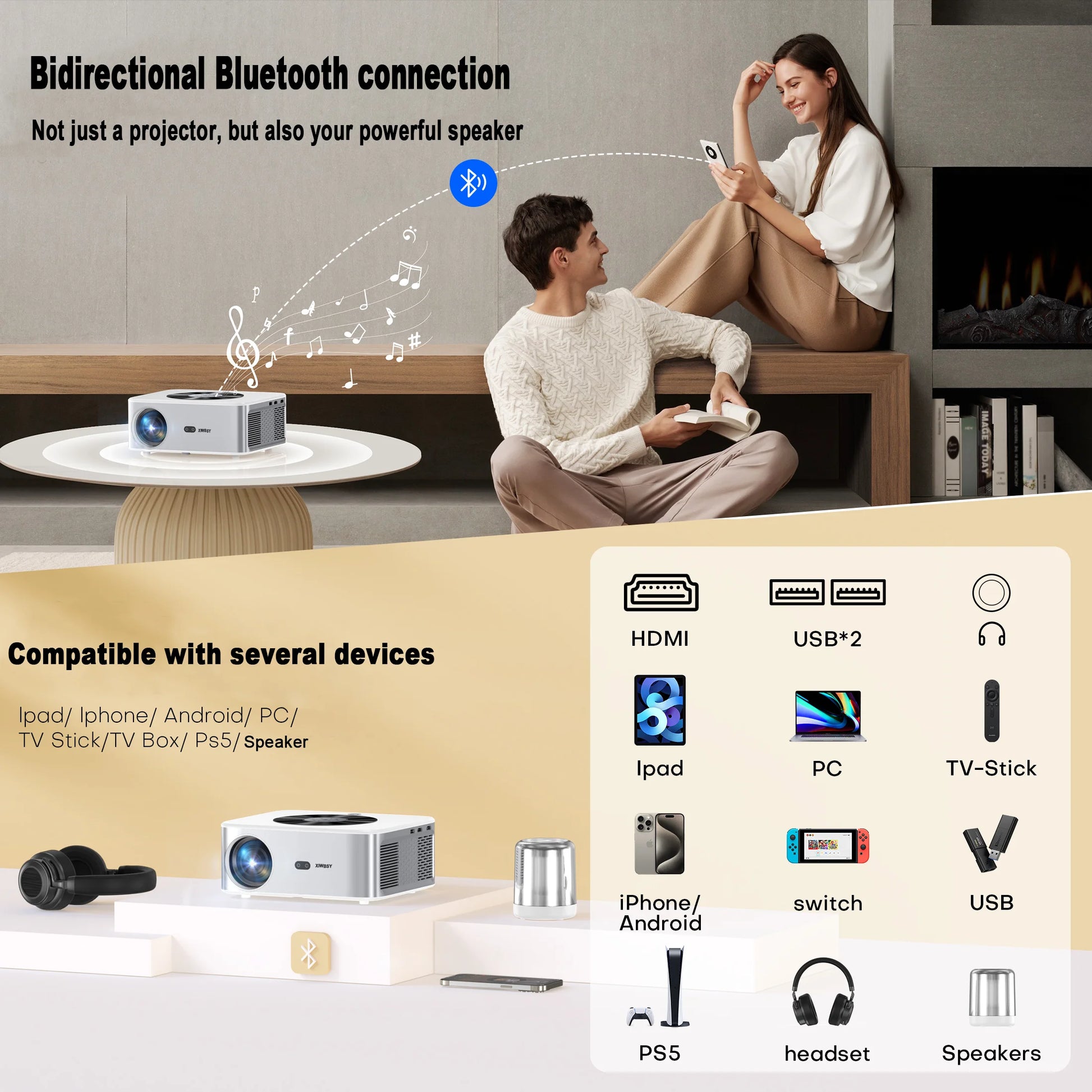Projector with bidirectional Bluetooth connection and compatibility with various devices.