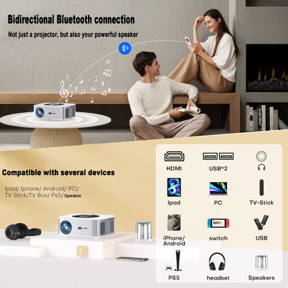 Projector with bidirectional Bluetooth connection and compatibility with various devices.