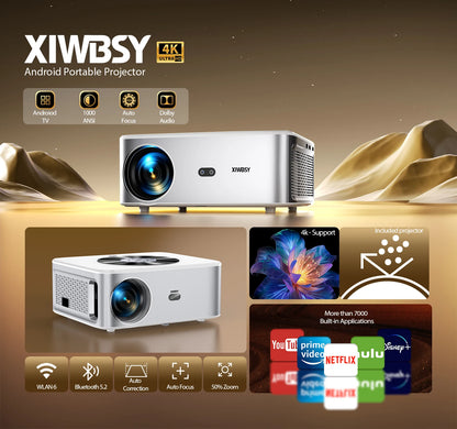 XIWBSY 4K Android Portable Projector with features and compatibility icons on a brown background