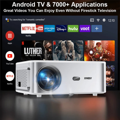 A white XINGSY Android TV projector shown in front of a dark TV screen displaying app icons and movie posters. Text at the top reads 'Android TV & 7000+ Applications' and 'Great Videos You Can Enjoy Even Without Firestick Television.