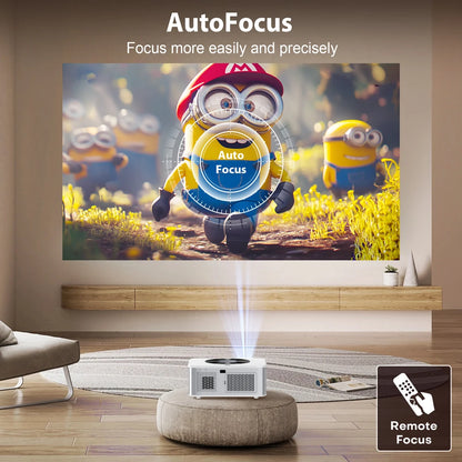 Projector displaying cartoon characters with 'Auto Focus' feature in a living room setting.