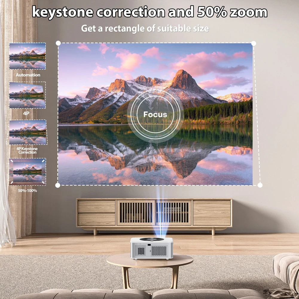 Projector displaying a mountain landscape on a wall in a living room.
