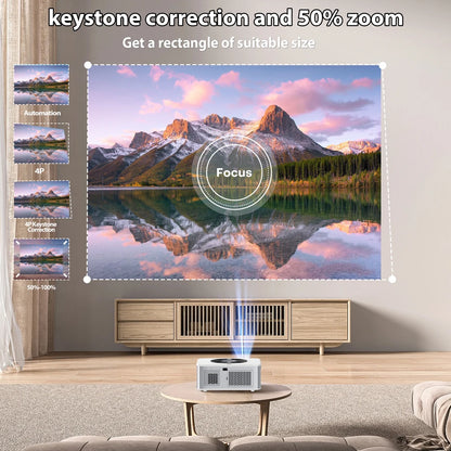 Projector displaying a mountain landscape on a wall in a living room.