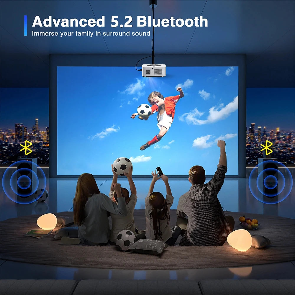 Family watching a soccer game on a large screen with 'Advanced 5.2 Bluetooth' text.