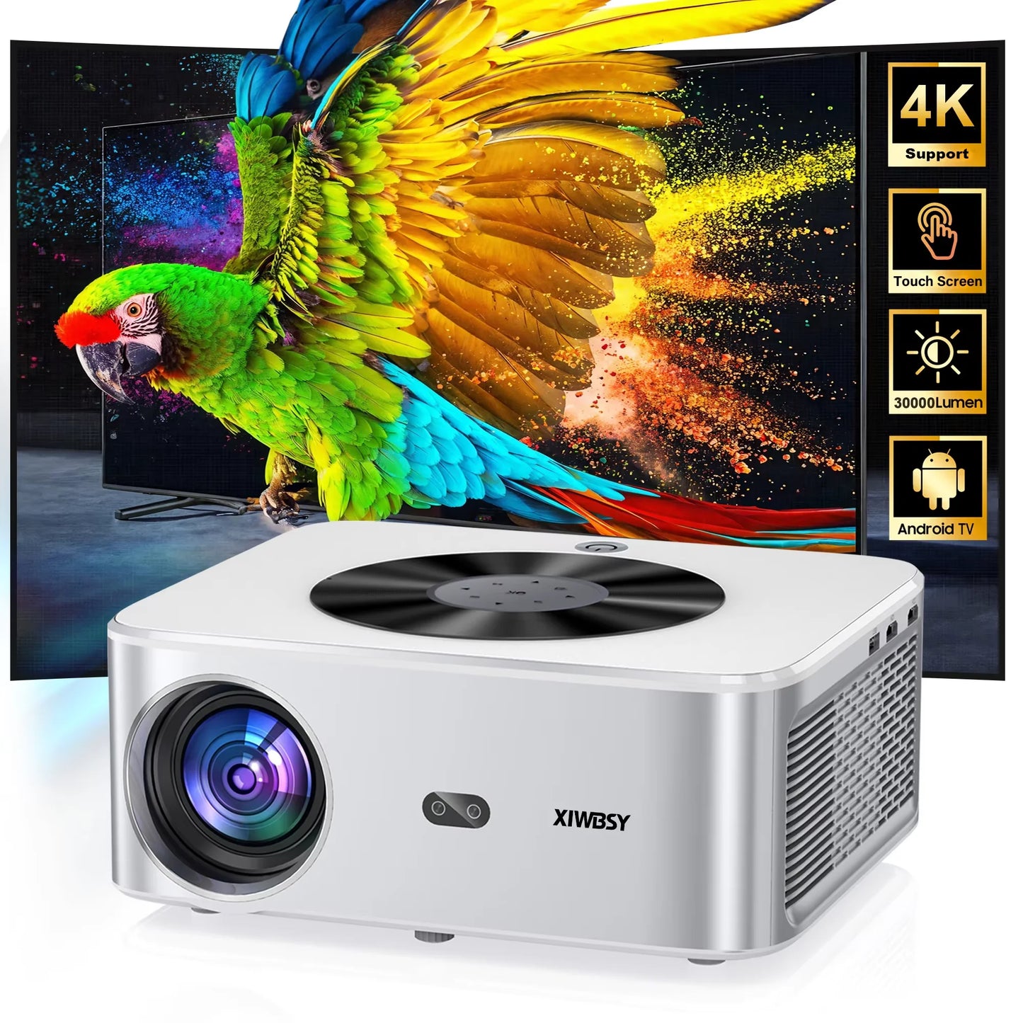 Projector with a colorful parrot image on a screen, featuring 4K support and Android TV.