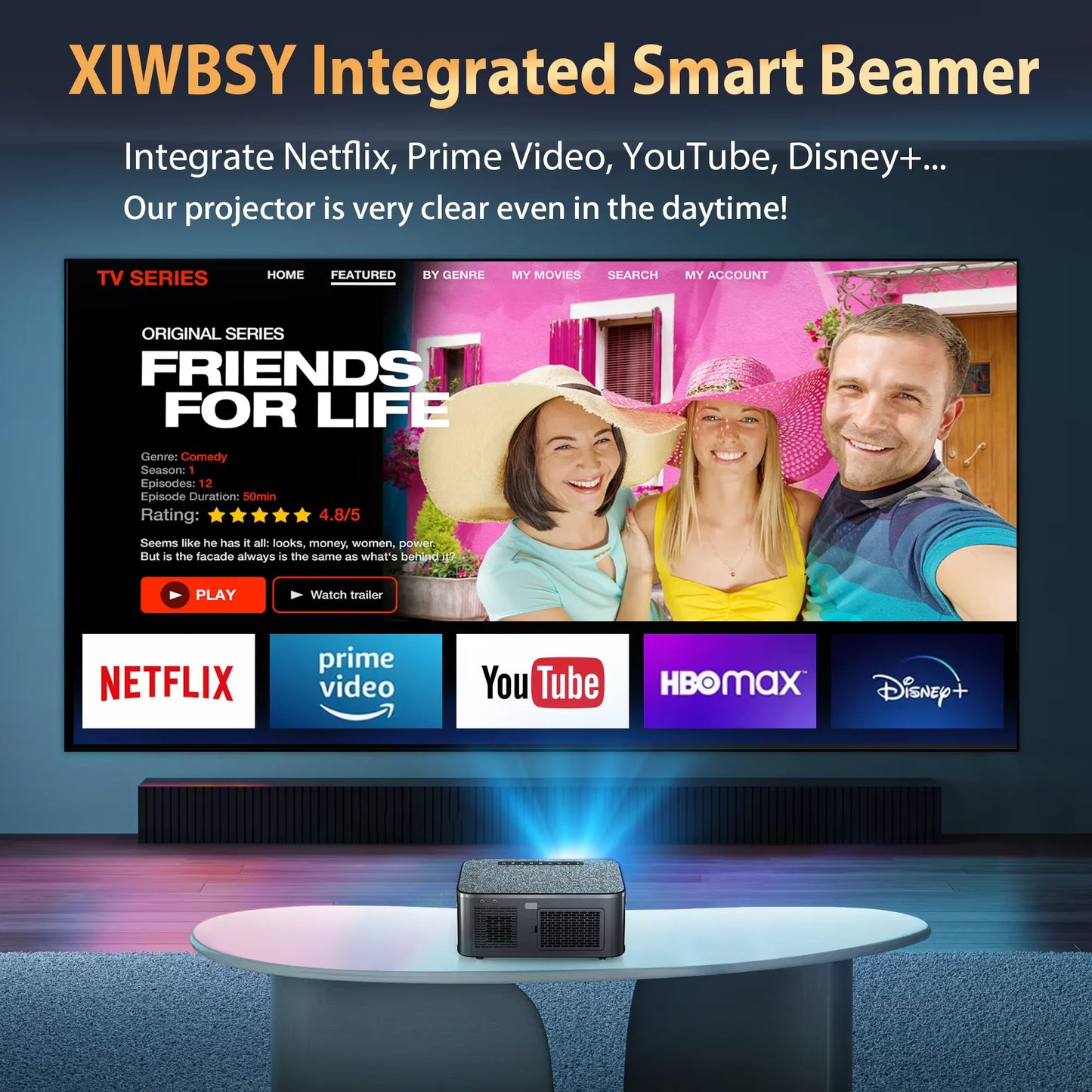 Projector displaying streaming platform interface with 'Friends for Life' on a screen in a room.