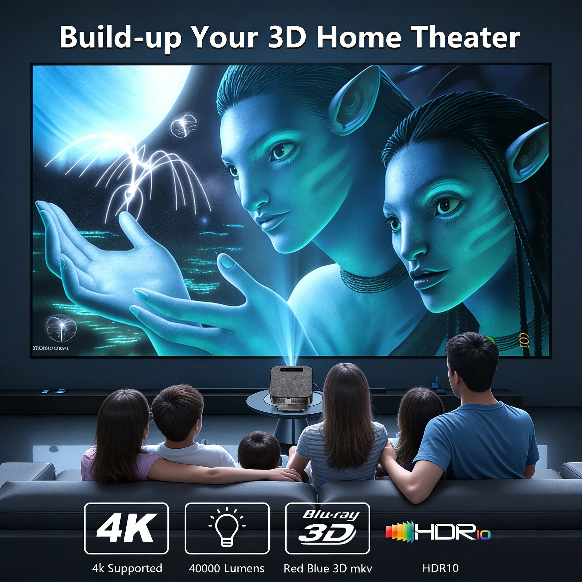 Family watching a movie in a 3D home theater setup with 'Build-up Your 3D Home Theater' text.