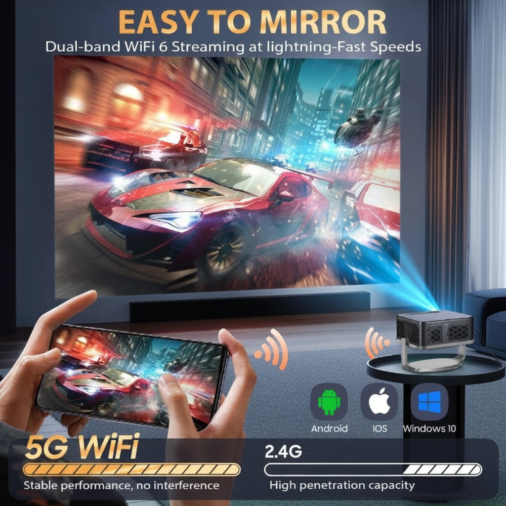 Smartphone mirroring technology with racing game on screen, smartphone, and projector.