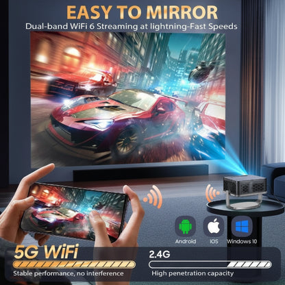 Smartphone mirroring technology with racing game on screen, smartphone, and projector.