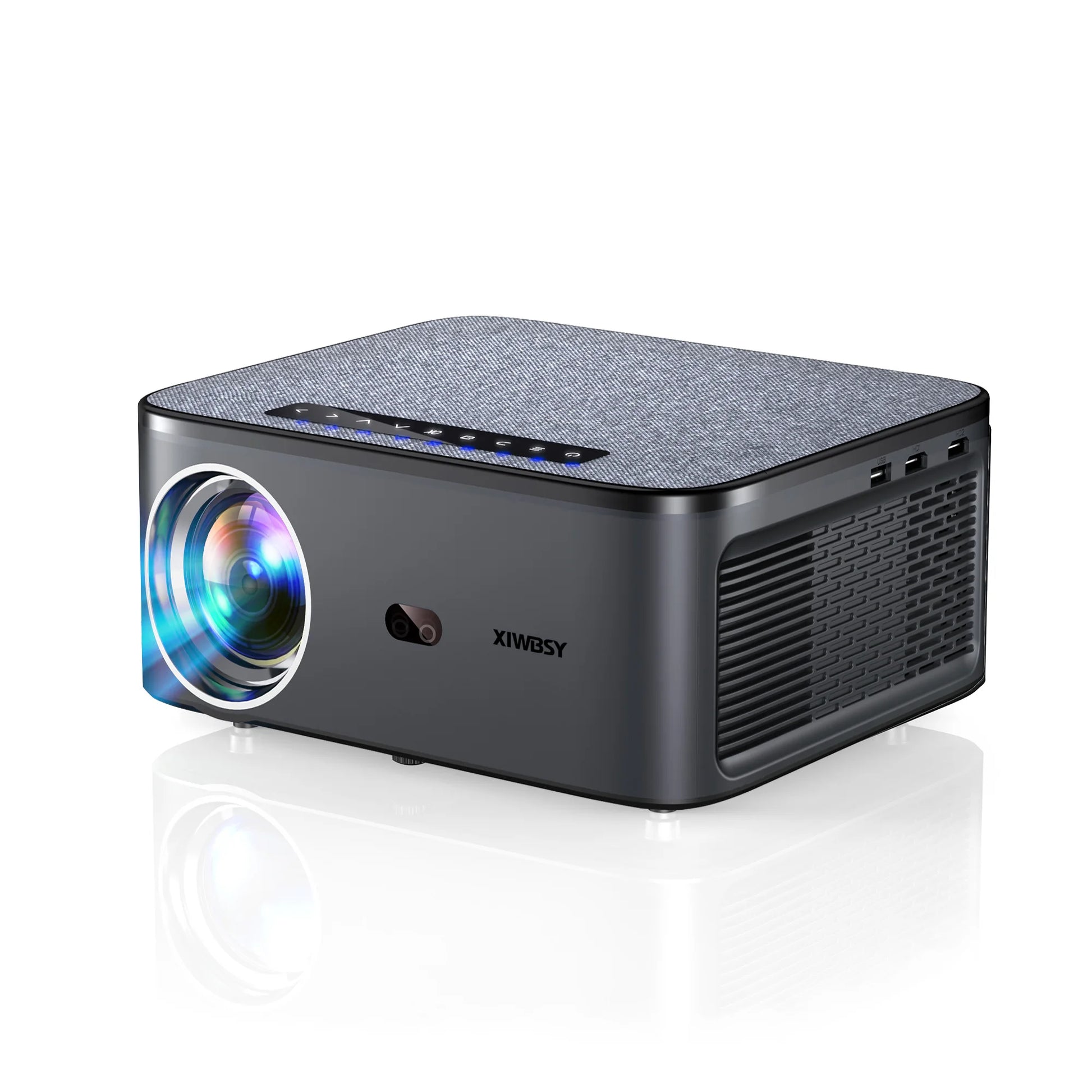 Black projector with colorful lens on a white background