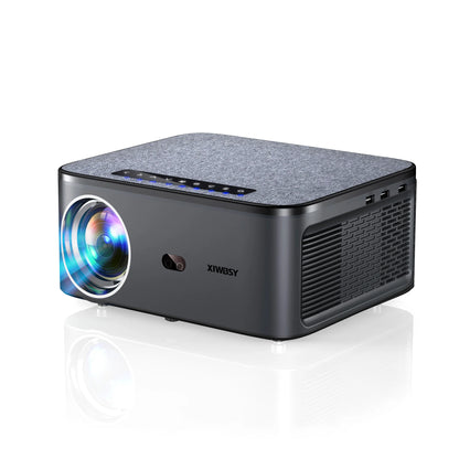 Black projector with colorful lens on a white background