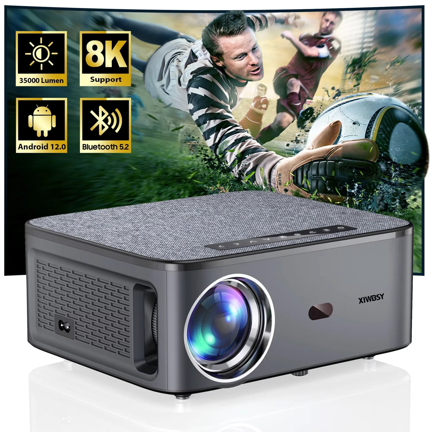 XIVESYY projector with 8K support and Android 12.0 on a white background