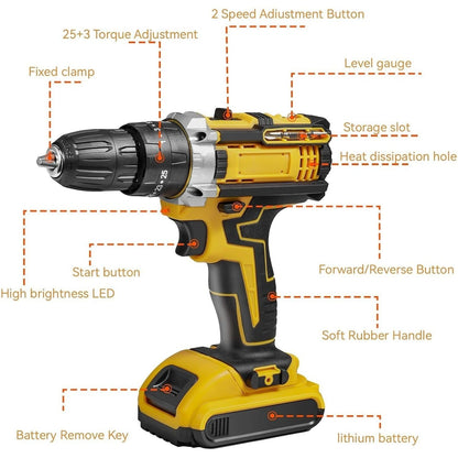 Yellow and black cordless drill with labeled features on a white background