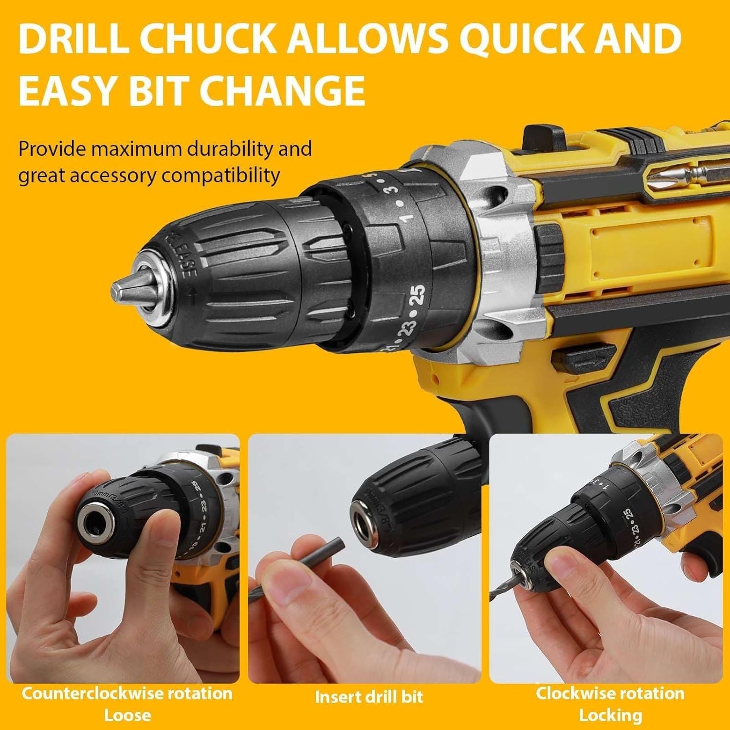Yellow and black drill with text highlighting drill chuck features on a yellow background