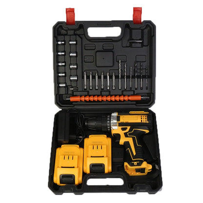 Yellow cordless drill with accessories in a black case on a white background