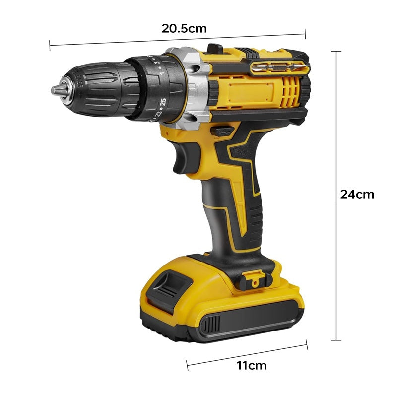 Yellow and black cordless drill with measurements on a white background