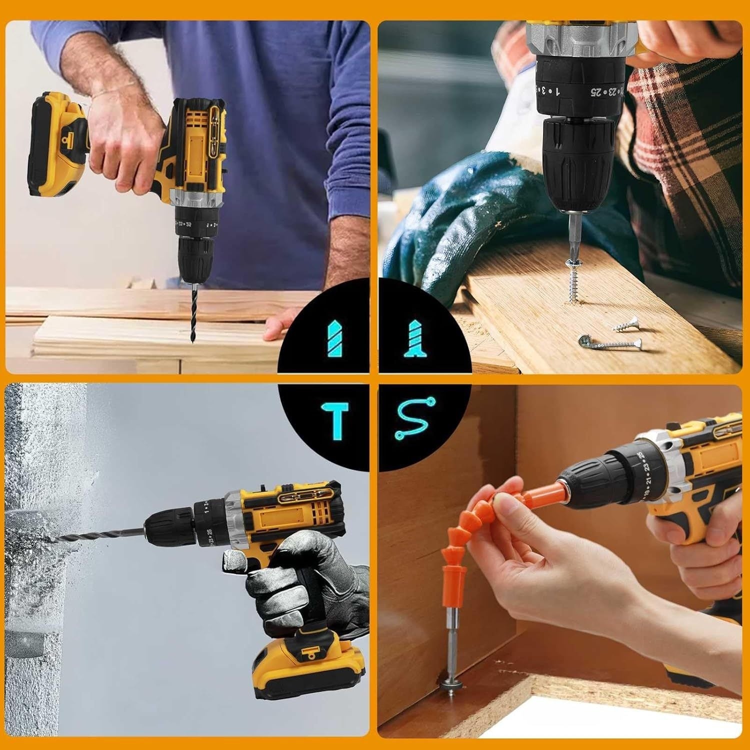 Collage of a drill being used on different tasks with a focus on versatility.