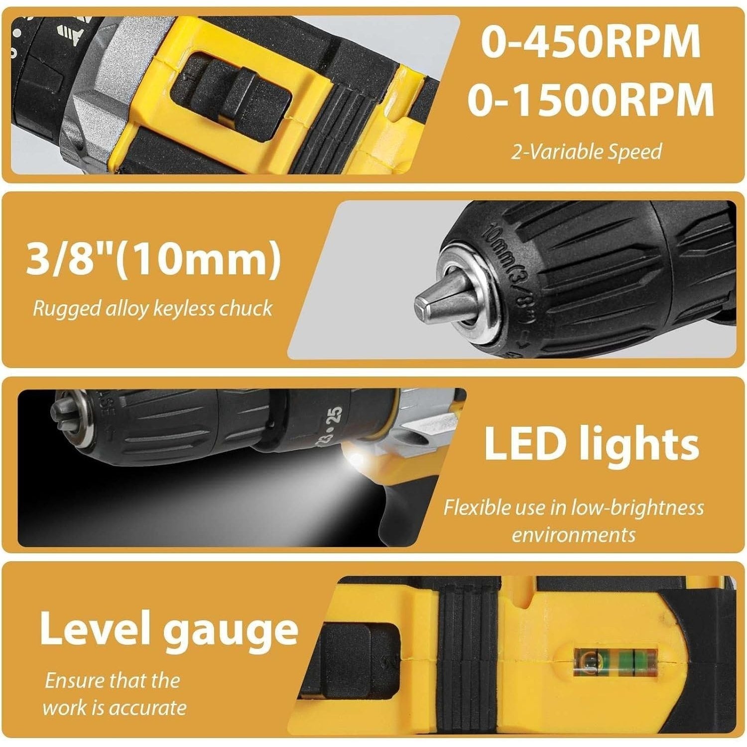 Features of a power drill with text labels on a yellow background