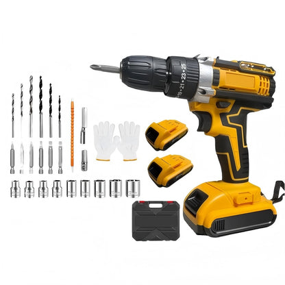 Yellow and black cordless drill with accessories on a white background